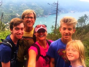 Family selfie while hiking in the Cinque Terre, Italy, area, on Day 13.